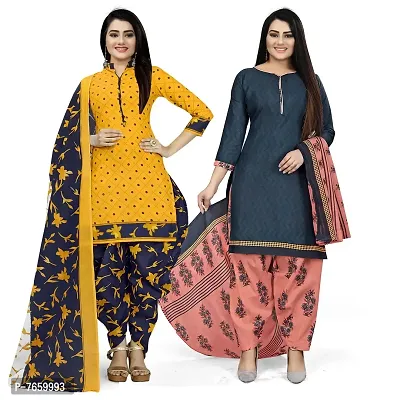 Rajnandini Yellow And Navy Blue Cotton Printed Unstitched Salwar Suit Material (Combo Of 2)(Joplvsm4002J-Vsm4136)