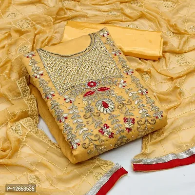 Elegant Yellow Chanderi Silk Embroidered Dress Material with Dupatta For Women-thumb0