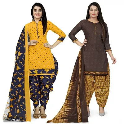 Rajnandini Yellow And Brown Cotton Printed Unstitched Salwar Suit Material (Combo Of 2)(Joplvsm4002J-Vsm4156)-thumb0