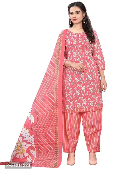 Elegant Peach Cotton Printed Straight Kurta, Bottom And Dupatta Set For Women-thumb0