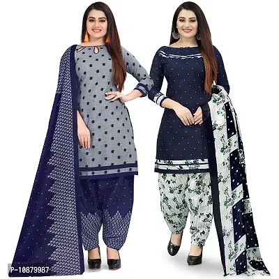 Beautiful Grey And Navy Blue Cotton Printed Unstitched Salwar Suit Material For Women Combo of 2