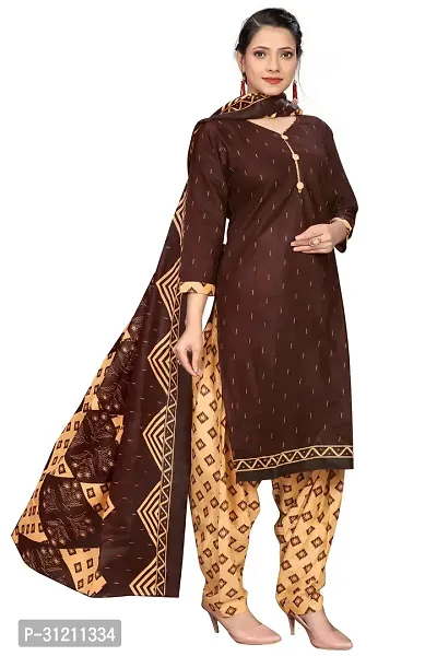 Elegant Brown Cotton Printed Straight Kurta, Bottom And Dupatta Set For Women-thumb2