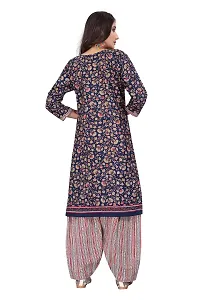 Elegant Navy Blue Cotton Printed Straight Kurta, Bottom And Dupatta Set For Women-thumb1