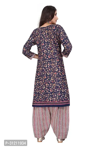 Elegant Navy Blue Cotton Printed Straight Kurta, Bottom And Dupatta Set For Women-thumb2