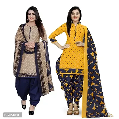 Rajnandini Women Beige And Yellow Cotton Printed Unstitched Salwar Suit Material (Combo Of 2)