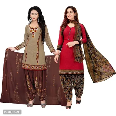 Rajnandini Women Beige And Red Cotton Printed Unstitched Salwar Suit Material (Combo Of 2)