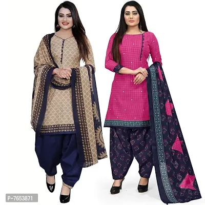 Rajnandini Women Beige And Magenta Cotton Printed Unstitched Salwar Suit Material (Combo Of 2)