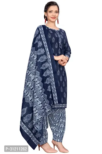 Elegant Navy Blue Cotton Printed Straight Kurta, Bottom And Dupatta Set For Women-thumb4