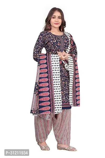 Elegant Navy Blue Cotton Printed Straight Kurta, Bottom And Dupatta Set For Women-thumb3