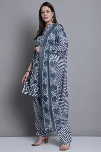 Elegant Grey Cotton Printed Straight Kurta, Bottom And Dupatta Set For Women-thumb1