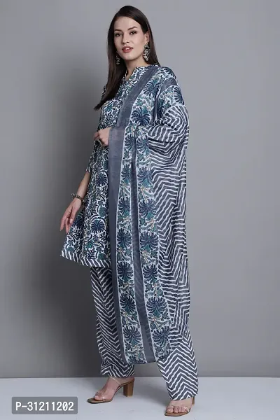 Elegant Grey Cotton Printed Straight Kurta, Bottom And Dupatta Set For Women-thumb2