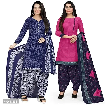 Rajnandini Women Blue And Magenta Cotton Printed Unstitched Salwar Suit Material (Combo Of 2)-thumb0