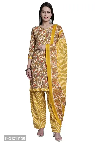 Elegant Yellow Cotton Printed Straight Kurta, Bottom And Dupatta Set For Women