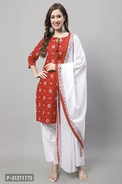 Elegant Red Cotton Printed Straight Kurta, Bottom And Dupatta Set For Women-thumb2