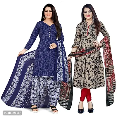 Beautiful Blue And Beige And Black Cotton Printed Unstitched Salwar Suit Material For Women Combo of 2-thumb0