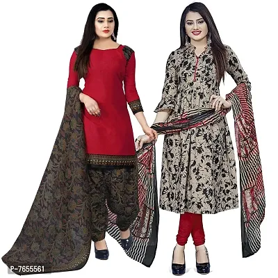 Rajnandini Women Red And Beige Cotton Printed Unstitched Salwar Suit Material (Combo Of 2)