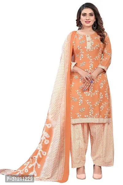 Elegant Orange Cotton Printed Straight Kurta, Bottom And Dupatta Set For Women