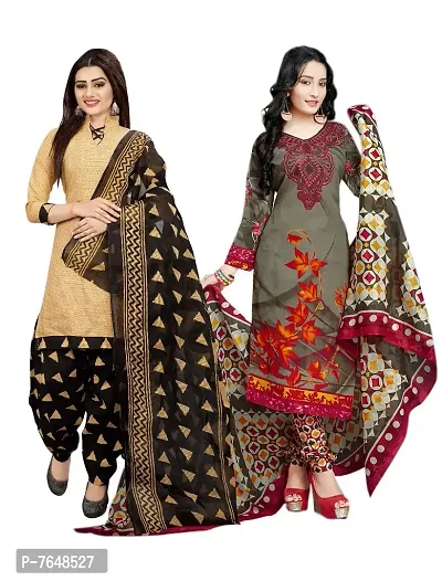 Rajnandini Women Beige And Olive Green Cotton Printed Unstitched Salwar Suit Material (Combo Of 2) (Free Size)-thumb0