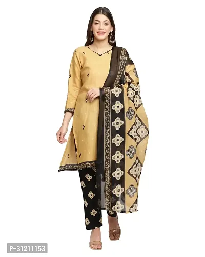 Elegant Beige Cotton Printed Straight Kurta, Bottom And Dupatta Set For Women-thumb0