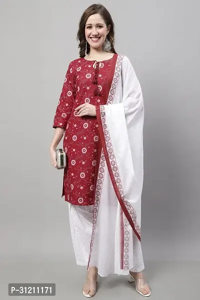 Elegant Maroon Cotton Printed Straight Kurta, Bottom And Dupatta Set For Women-thumb3