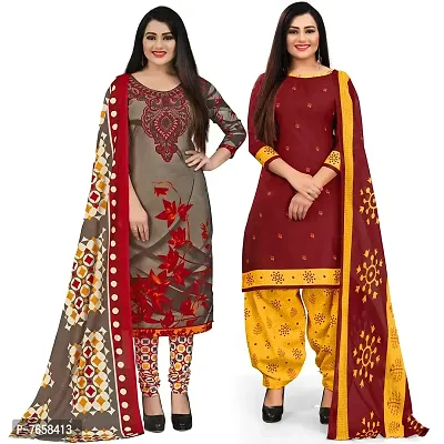 Rajnandini Women Olive Green And Maroon Cotton Printed Unstitched Salwar Suit Material (Combo Of 2)