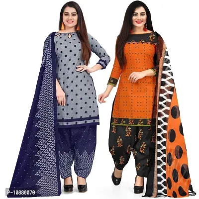 Beautiful Grey And Orange Cotton Printed Unstitched Salwar Suit Material For Women Combo of 2