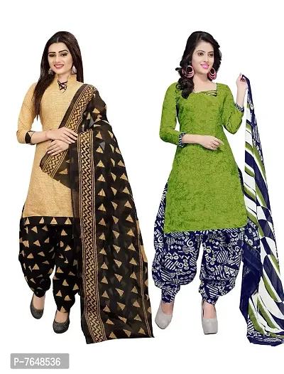 Rajnandini Women Beige And Light Green Cotton Printed Unstitched Salwar Suit Material (Combo Of 2) (Free Size)