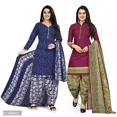 Rajnandini Women Blue And Purple Cotton Printed Unstitched Salwar Suit Material (Combo Of 2)-thumb0