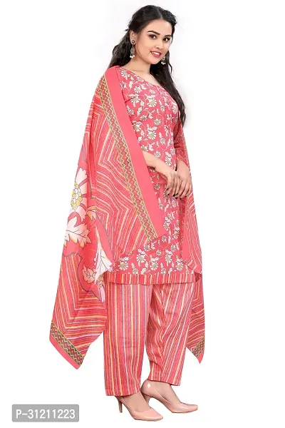 Elegant Peach Cotton Printed Straight Kurta, Bottom And Dupatta Set For Women-thumb4