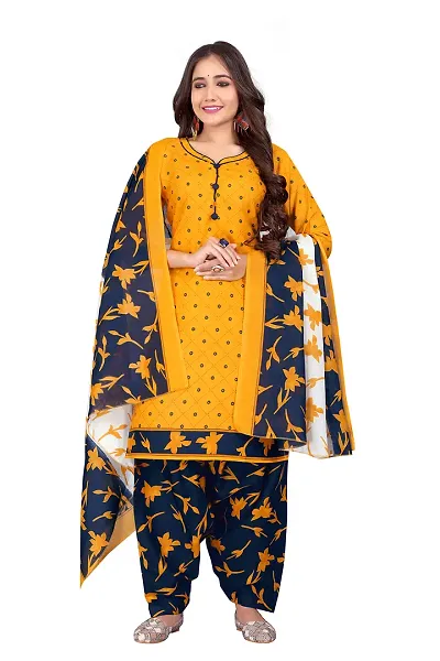 Stylish Cotton Blend Printed Kurta Bottom Dupatta Set