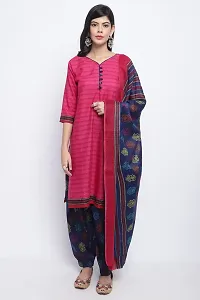 Elegant Pink Cotton Printed Straight Kurta, Bottom And Dupatta Set For Women-thumb1