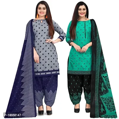 Beautiful Grey And Green Cotton Printed Unstitched Salwar Suit Material For Women Combo of 2