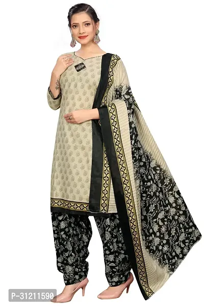 Elegant Beige Cotton Printed Straight Kurta, Bottom And Dupatta Set For Women-thumb3