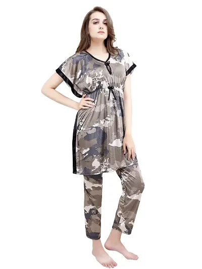 LOODY'S Women's Abstract Print Night Dress | Women Satin Night Suit |Top and Pyjama Set for Girls