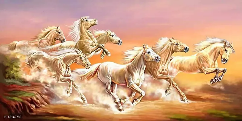 Aarki Vastu 7 Horse Painting (Canvas, 12x24-inch, Beige)-thumb0