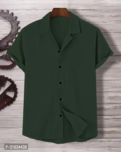 Reliable Green Cotton Solid Short Sleeves Casual Shirts For Men-thumb0