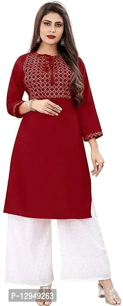 A-Line Red Embroidered Rayon Kurta