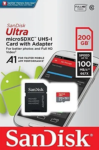 SanDisk 200GB Ultra microSDXC UHS-I Memory Card with Adapter - 90MB/s, C10, U1, Full HD, A1, Micro SD Card - SDSQUA4-200G-GN6MA