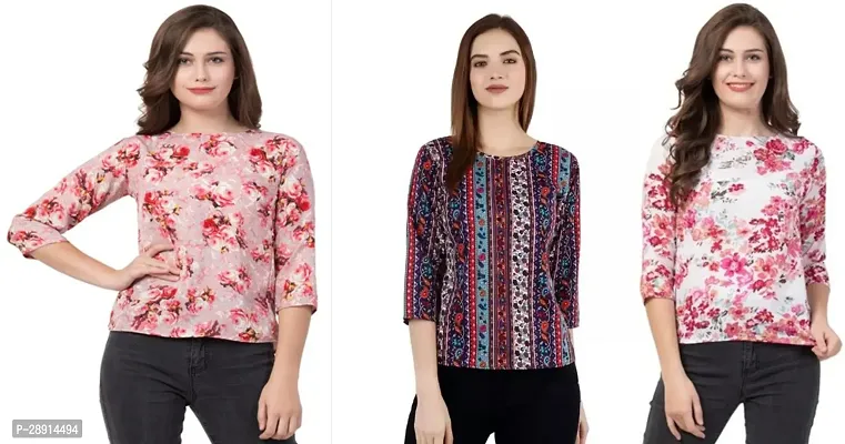 Stylish Multicoloured Crepe Printed Top For Women Pack Of 3