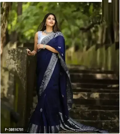 Stylish Cotton Silk Blue Woven Design Saree with Blouse piece-thumb0