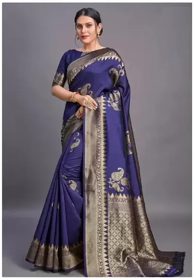 Shree Enterprises Women?s Jacquard Banarasi Saree With Unstitched Blouse Piece (Blue)