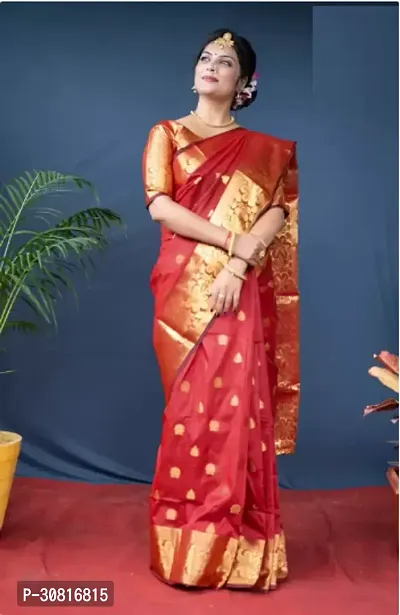 Stylish Cotton Silk Red Woven Design Saree with Blouse piece-thumb0