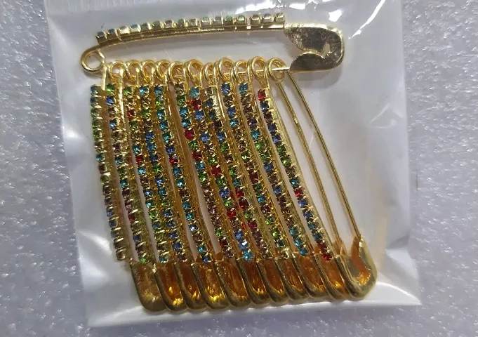 Fancy Gold-plated Diamond Safety Pins Saree Pins Brooch 12 Piece