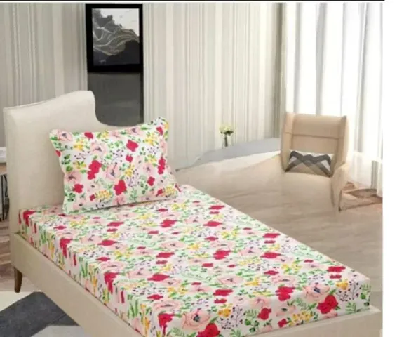 Printed Glace Cotton Single Fitted Bedsheet with 1 Pillow Cover