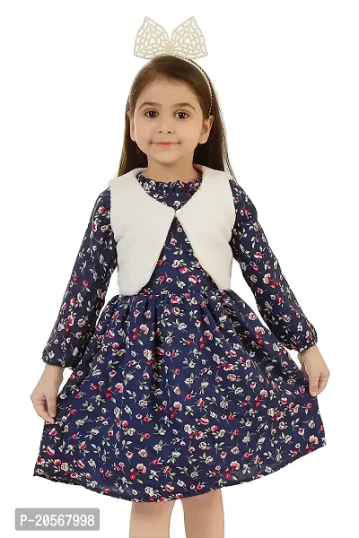 Girls Below Knee Frock and Dress with Furry Stylish Jacket (Blue, Full Sleeve)