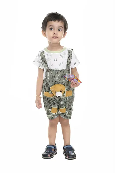 Ziora Boys Dungaree Set Cotton Printed Tshirt With Teddy Dungaree Dress Set For Kids