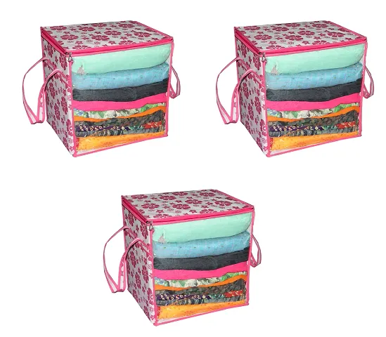 Non-Woven Fabric Floral Print Front Window Purpose Clothing, Saree and Suit Storage Bag With Zip- Pack Of 4