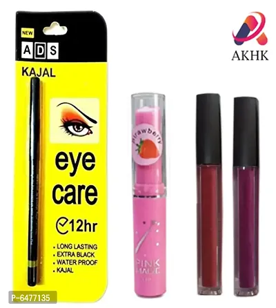 Lipstick Combo Pack of 2 with 1 Pink Strawberry lip bam  and  ADS 12 Hr Kajal (Pack of 4)