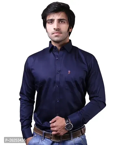 Reliable Navy Blue Cotton Blend Long Sleeves Casual Shirts For Men