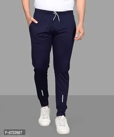 Navy Blue Synthetic Regular Track Pants For Men